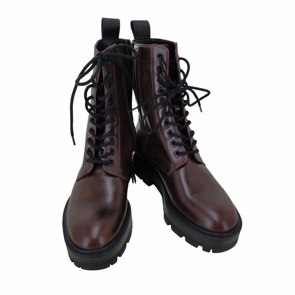 ZARA Brown Lace Up Combat Boots EU 39 US 8.5 Chunky Lug Sole Side Zip